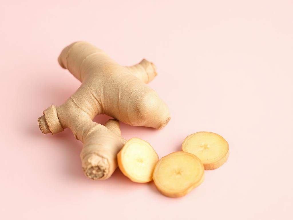 Raiz de gengibre fresca e fatiada sobre fundo rosa suave
