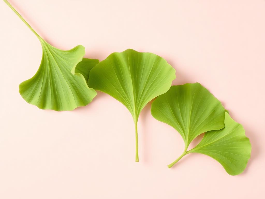 Folhas verdes de ginkgo biloba sobre fundo rosa suave