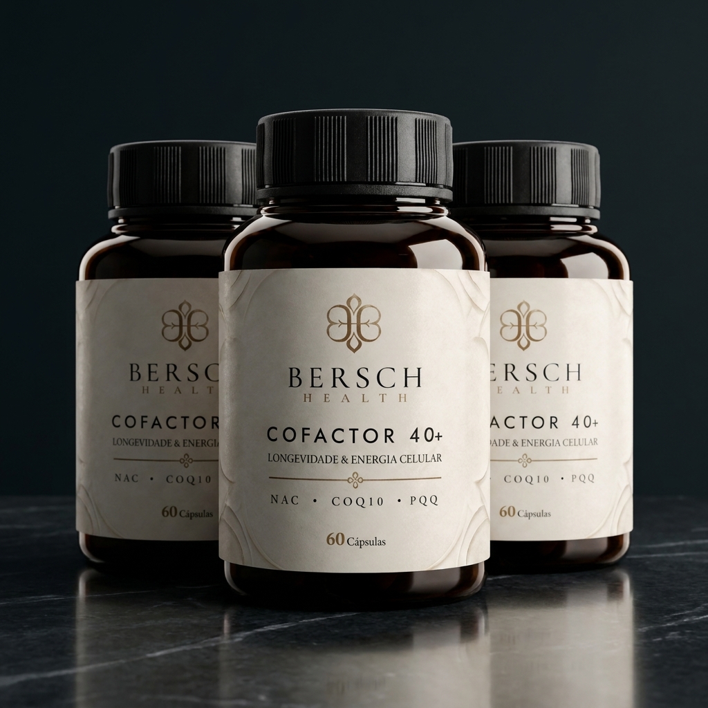Combo com 3 frascos de Cofactor 40+ Bersch Health sobre mármore preto