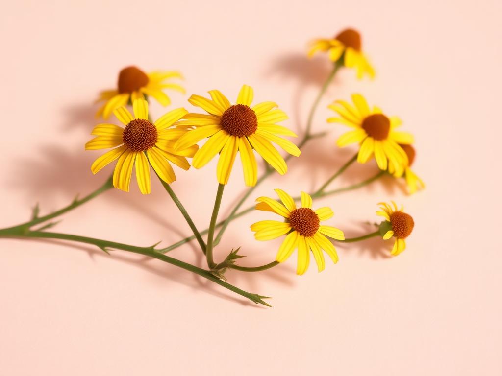 Flores amarelas de arnica montana sobre fundo rosa suave