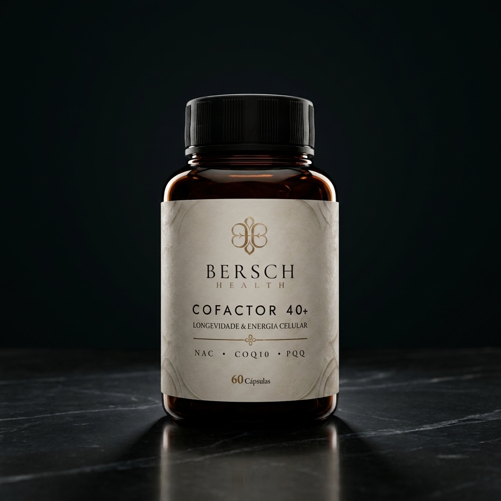 Frasco único de Cofactor 40+ Bersch Health sobre mármore preto