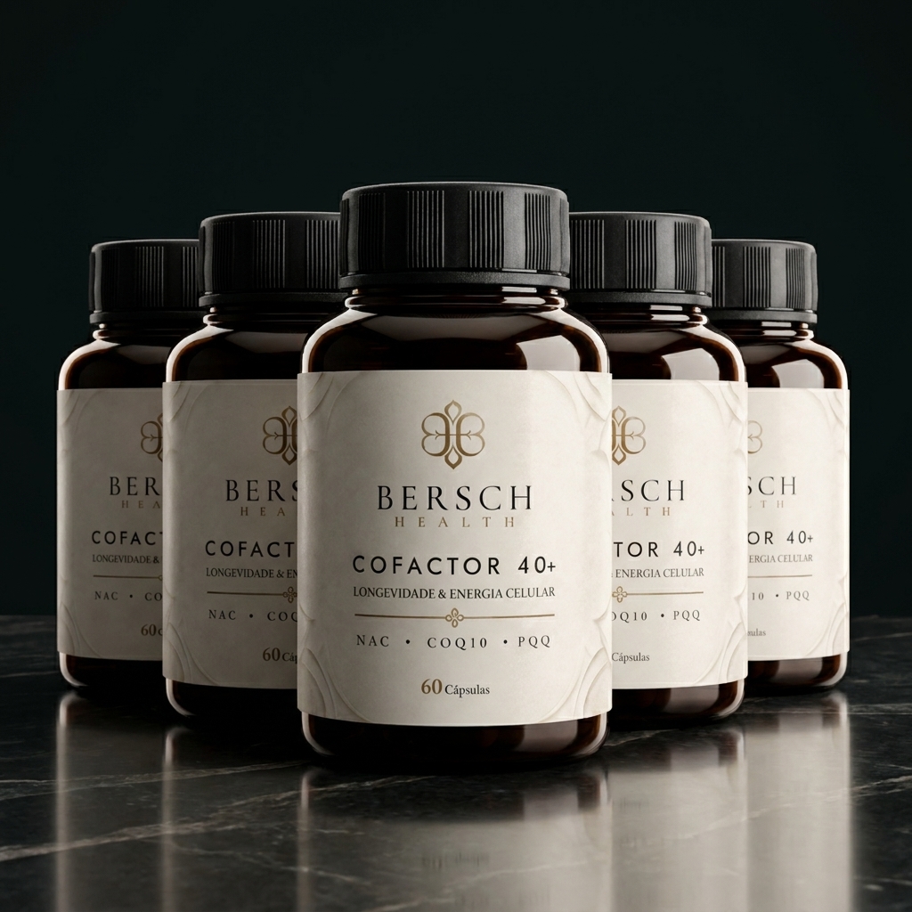 Combo com 5 frascos de Cofactor 40+ Bersch Health sobre mármore preto