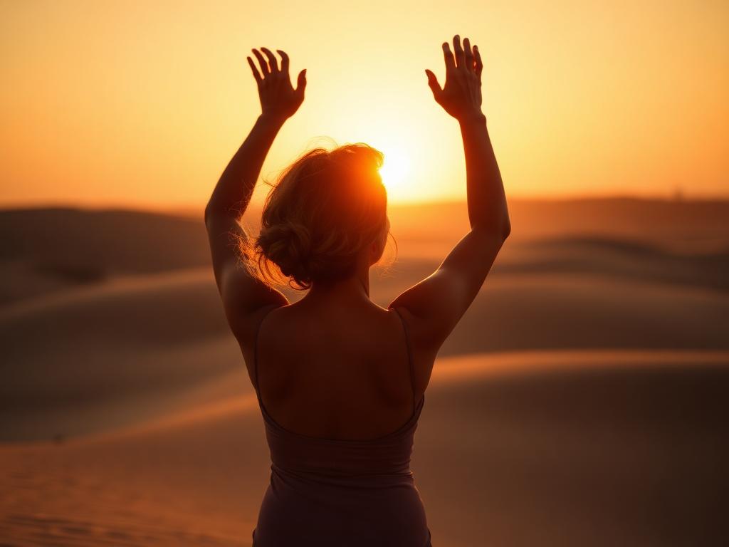 Mulher 40+ ao amanhecer estendendo os braços em silhueta dourada